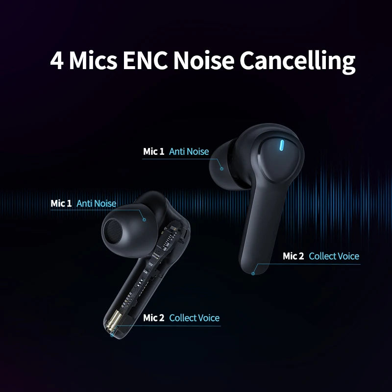 Bluetooth Headphones 4-Mics ENC Call Noise Cancelling True Wireless Earbuds