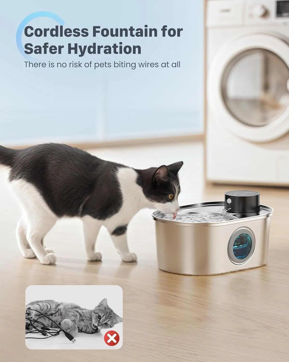 Wireless Cat Water Fountain Battery Operated Stainless Steel with Metal Faucet Bottle