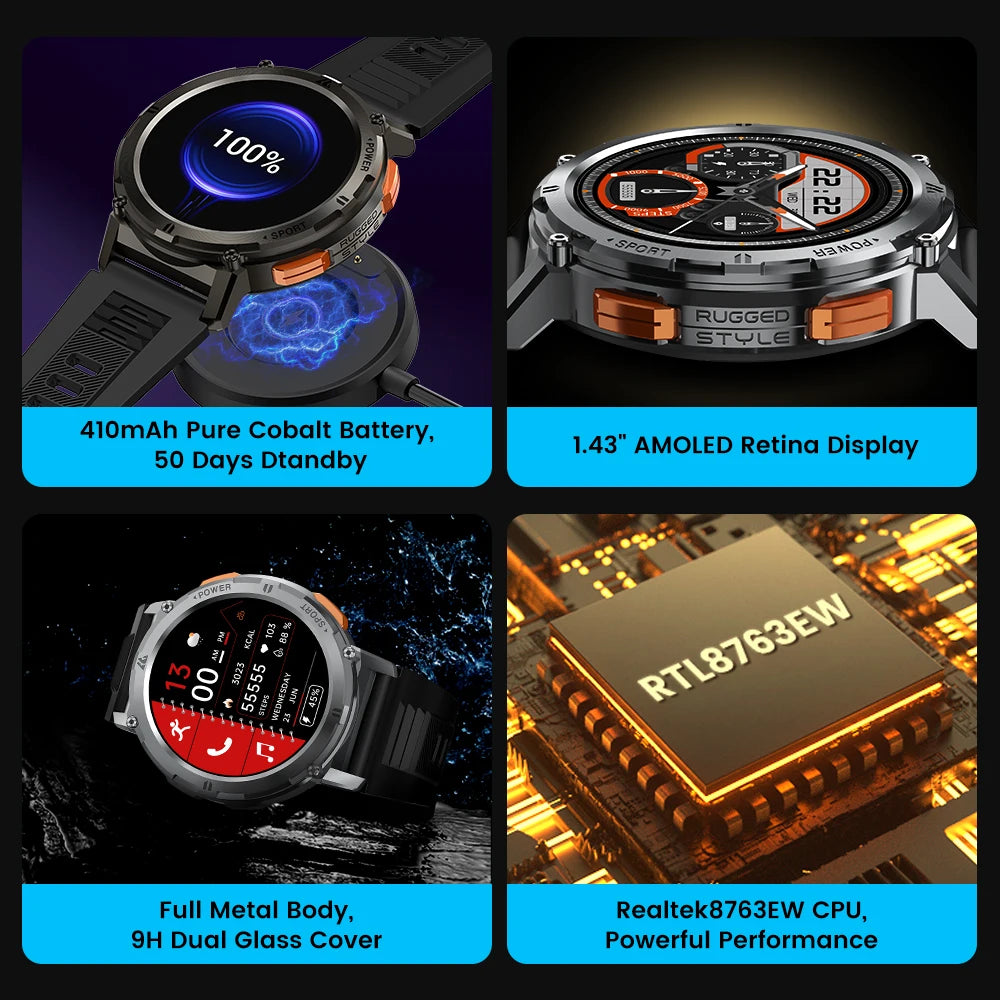 KOSPET TANK T2 AMOLED AOD Smartwatch Ultra For Men Smart Watch Fitness Electronic Bluetooth Call 5ATM Waterproof Mens Watches