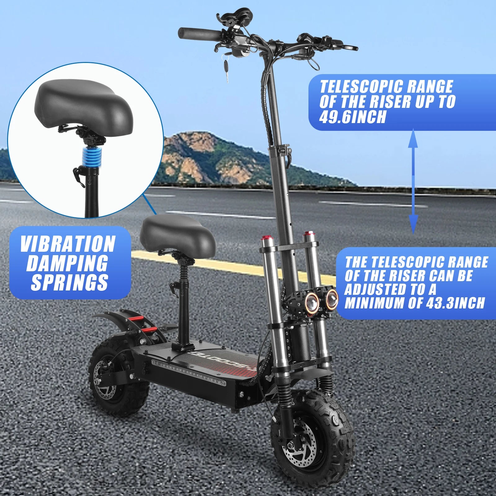 Off-road Electric Scooter with Seat,60V 38Ah Battery,60 Miles Range,440 Lbs Loading,50 Mph