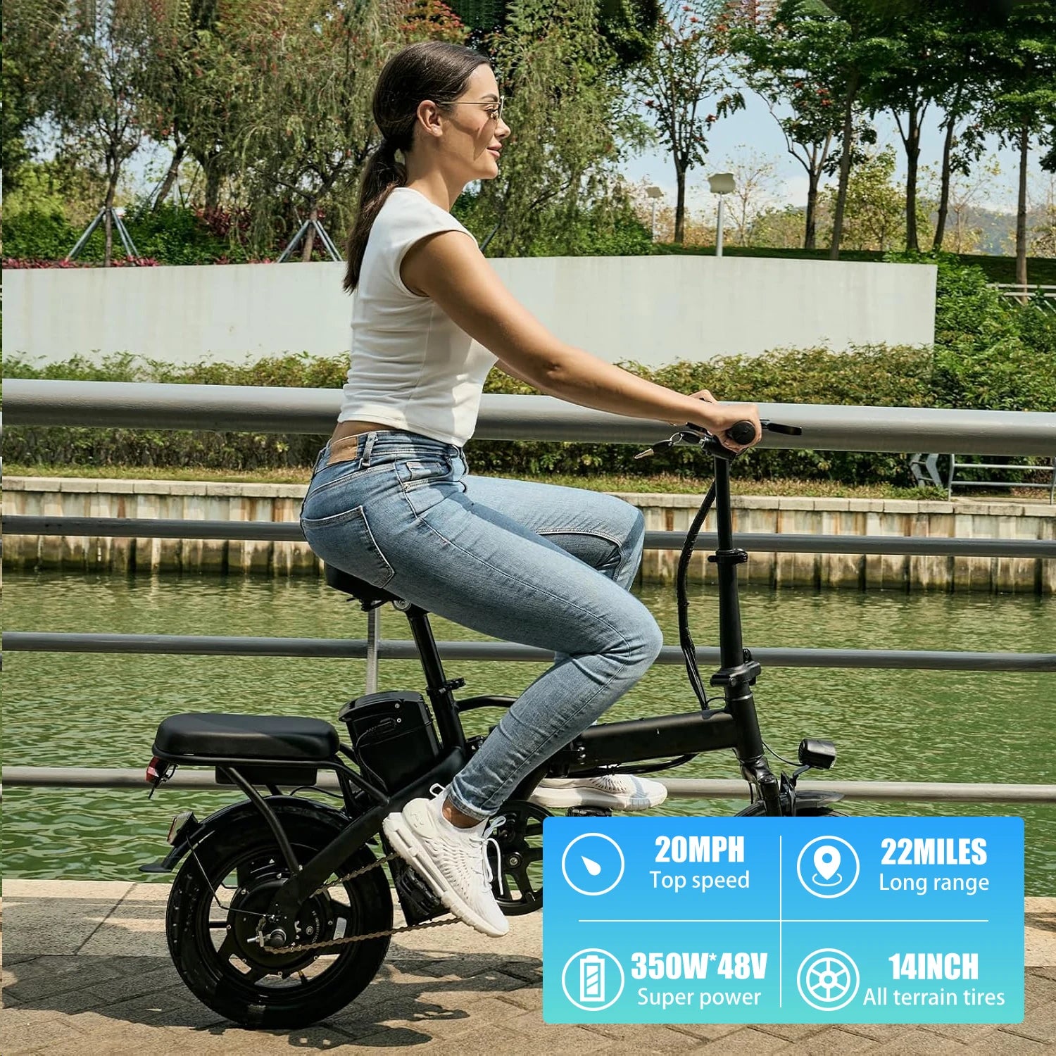 Bicycle Foldable Electric Bike W/ Seat & Basket 14'' 48V 10.4Ah 350W Motor 22Miles Range 20 MPH Top Speed Ebike for Adults