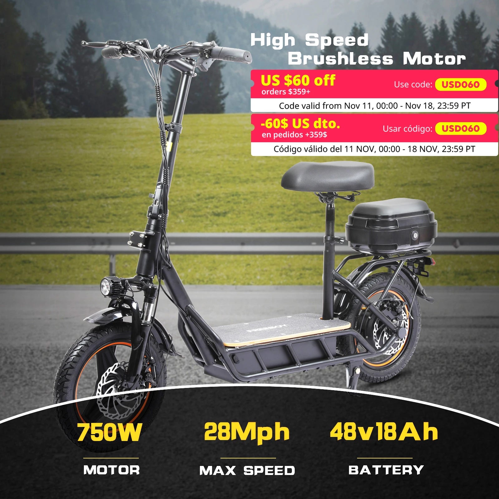 Electric Scooter with Seat for Adults, 750W Motor Power, 48V 18Ah Battery, Load 330Lbs