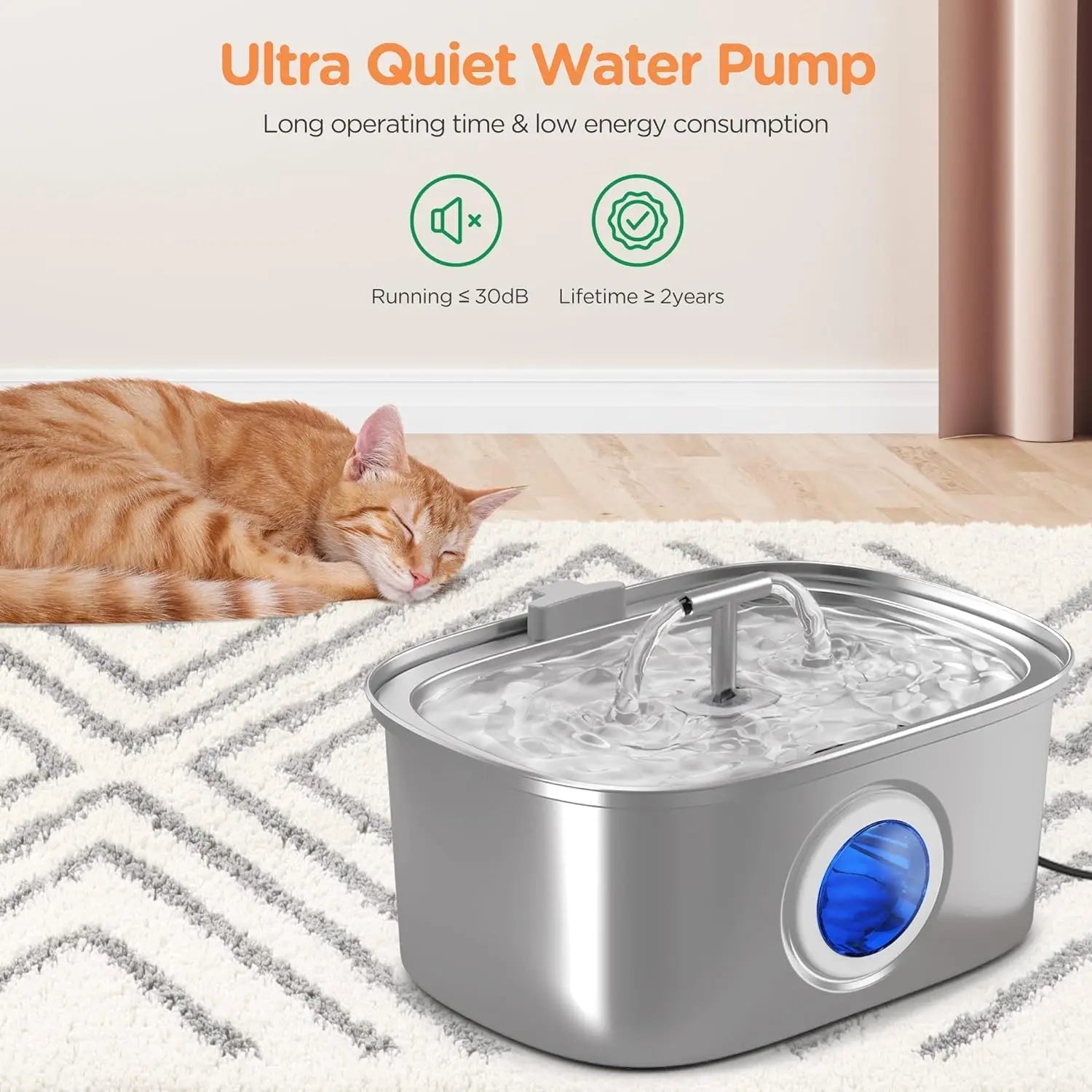 Cat Water Fountain Stainless Steel 108oz/3.2L Automatic with Water Level Window