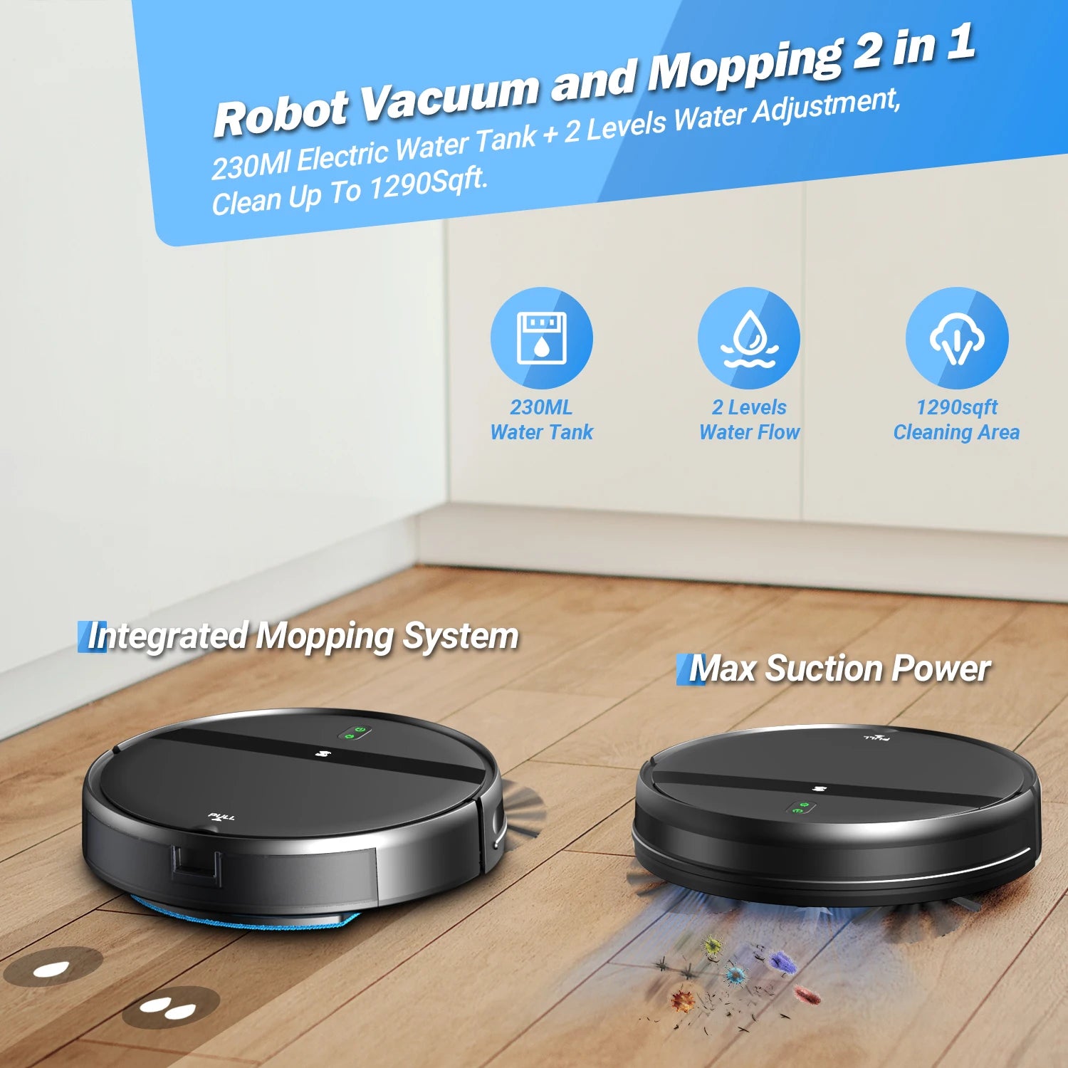 Robot Vacuum Cleaner Auto Charging 1400Pa Power App Control Water Tank Wet Mopping