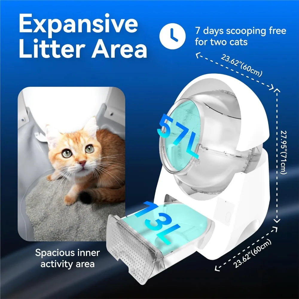 Automatic Self Cleaning Cat Litter Box with APP, Odor Control, Health Monitoring, 60 Liners and 1 Carbon Filter Box Included