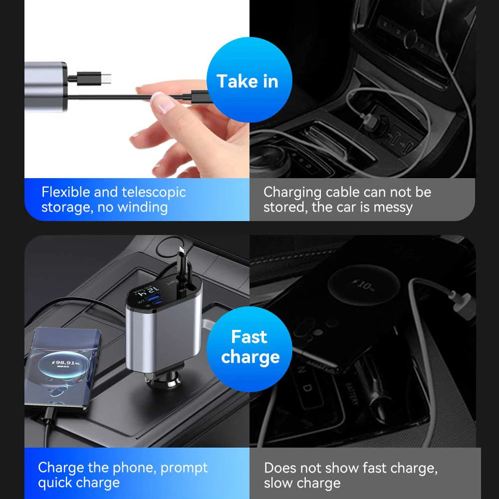 120W 4 in 1 Car Charger Retractable Car Cigarette Lighter Adapter USB Type C