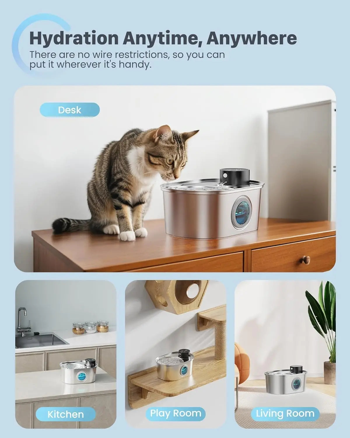 Wireless Cat Water Fountain Battery Operated Stainless Steel with Metal Faucet Bottle