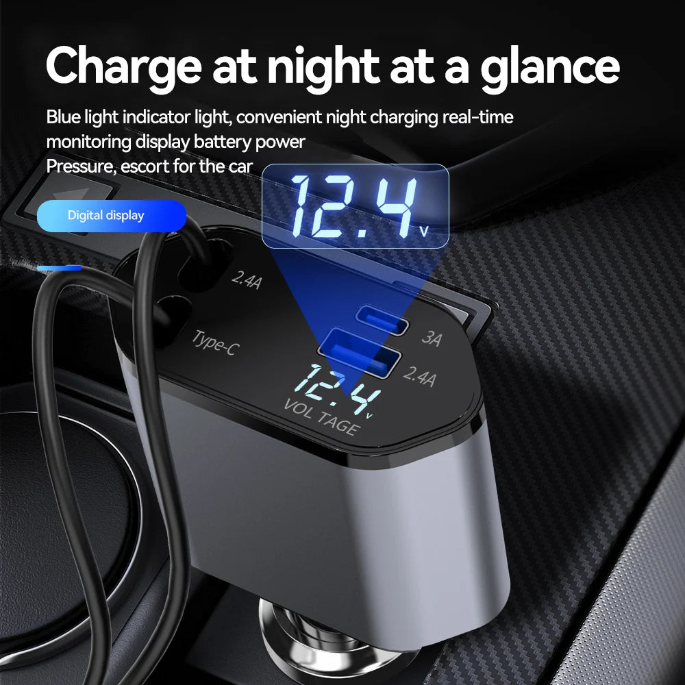 120W 4 in 1 Car Charger Retractable Car Cigarette Lighter Adapter USB Type C