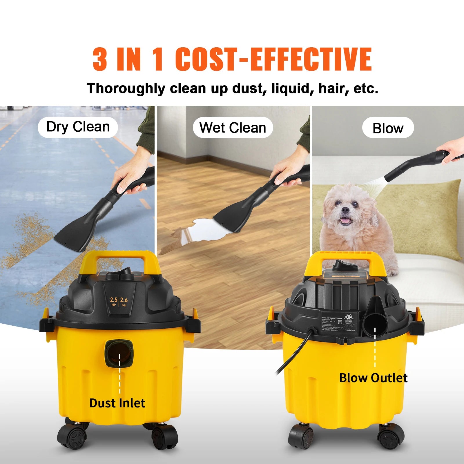 Wet Dry Vac 2.6 Gallon 2.5 Peak HP 3 in 1 Portable Shop Vacuum with Blowing Function