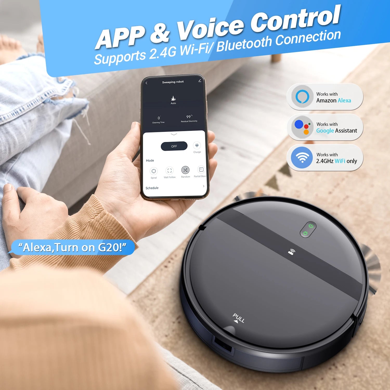 Robot Vacuum Cleaner Auto Charging 1400Pa Power App Control Water Tank Wet Mopping