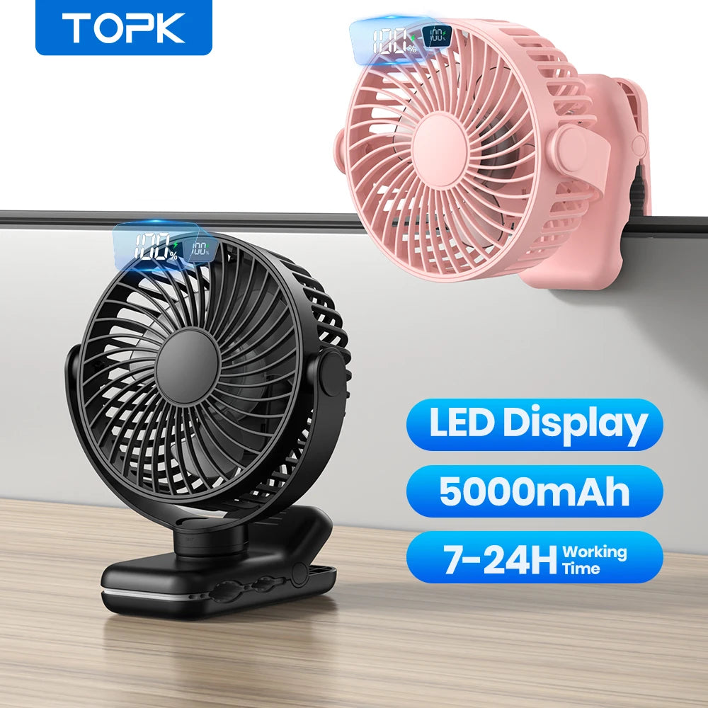 5000mAh Rechargeable Small Portable Clip Table Fan with LED Display