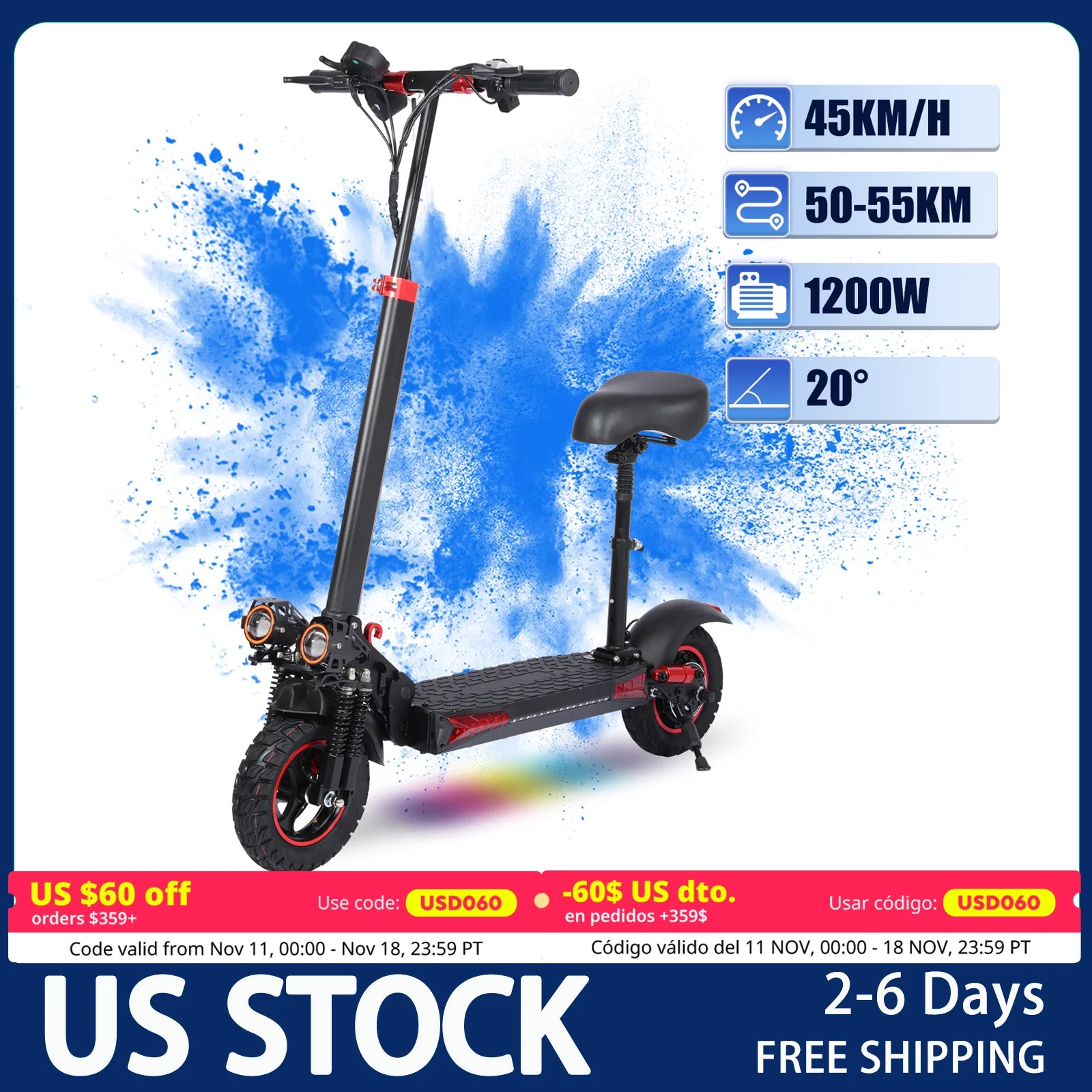 Electric Kick Scooter with Seat for Heavy Adults,1200W Motor,28MPH,Range 35Miles,Foldable