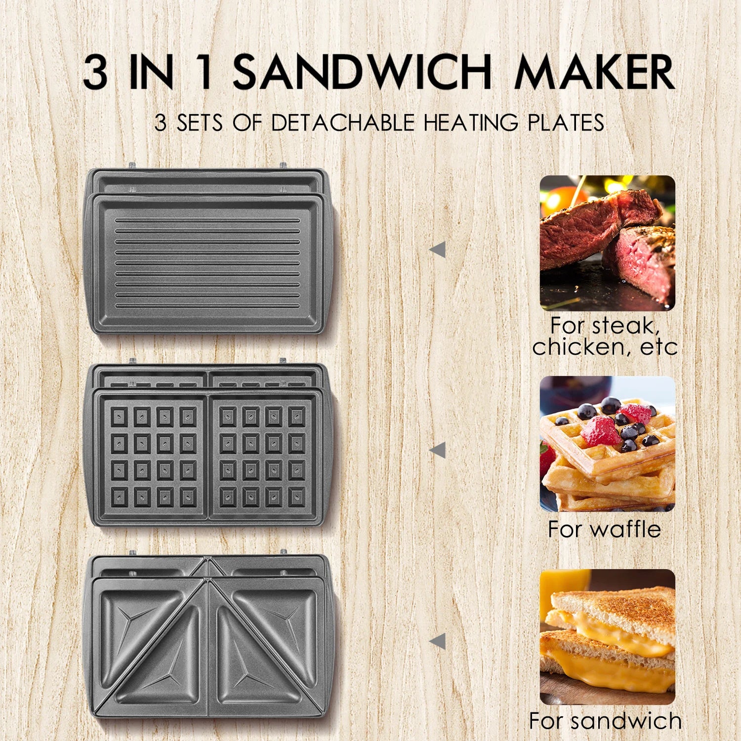 Sandwich Maker, 3 in 1 Waffle Maker, Toaster and Electric Panini Press Grill