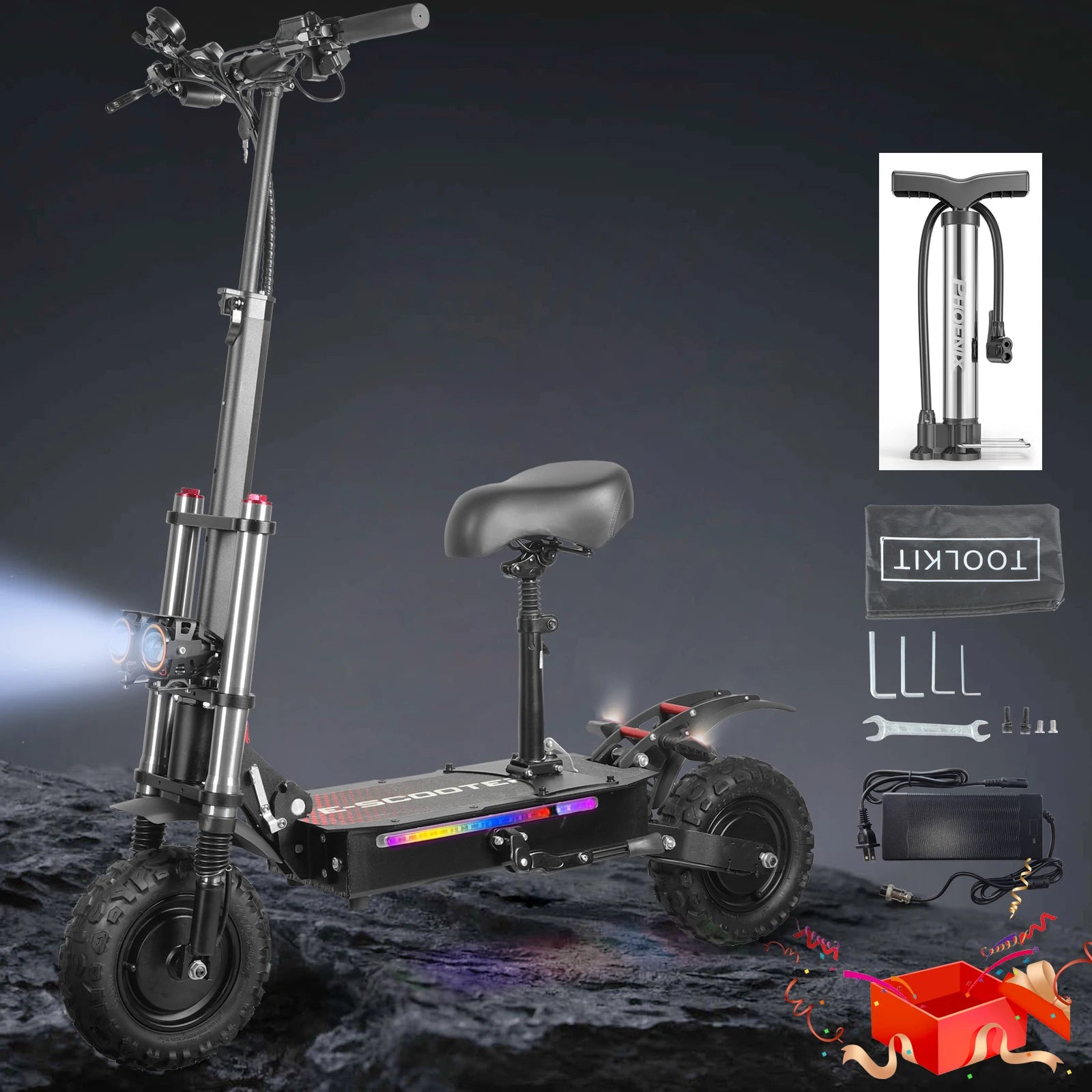 Off-road Electric Scooter with Seat,60V 38Ah Battery,60 Miles Range,440 Lbs Loading,50 Mph